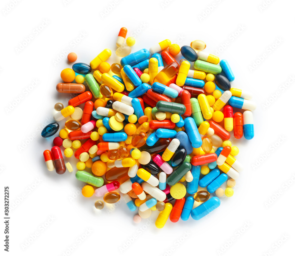 Heap of different pills on white background Heap of different pills on white background