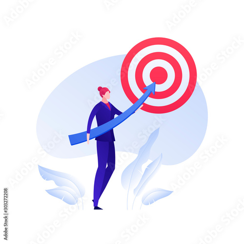 Vector flat business people illustration. Businesswoman holding arrow hit target isolated on white background. Concept or marketing, corporate goal. Design element for banner, poster, web, infographic