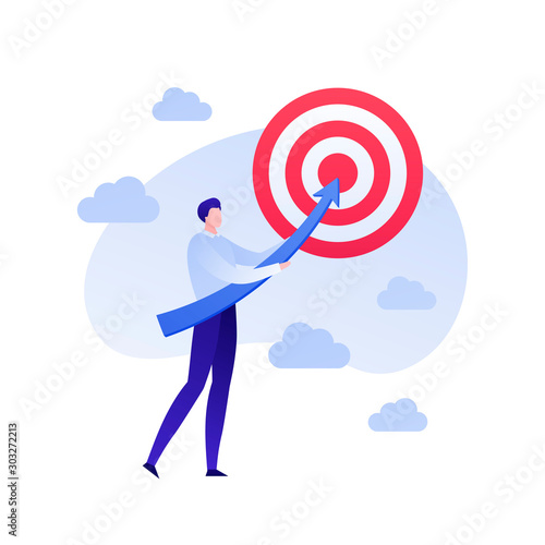 Vector flat business people illustration. Businessman holding arrow hit target isolated on white background. Concept or marketing, corporate goal. Design element for banner, poster, web, infographics
