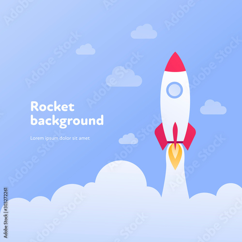 Vector flat rocket banner template illustration. White and red fly spaceship in blue cloud sky background. Science and technology concept. Design element for poster, web, infographics, presentation.