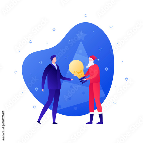 Vector flat christmas celebration business people illustration. Businessman and santa claus giving gift idea isolated on white background. Holiday concept. Design element for banner, poster, web