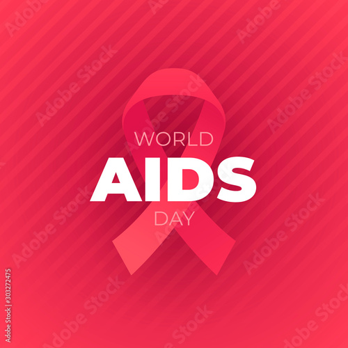 Vector flat world aids day illustration. Red ribbon with text on texture pattern background. Health support and disease prevention concept. Design element for banner, poster, web, presentation
