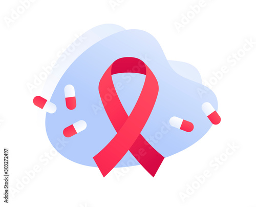 Vector flat world aids day illustration. Red ribbon with text on abstract background with pills. Health support and pharma industry concept. Design element for banner, poster, web, presentation