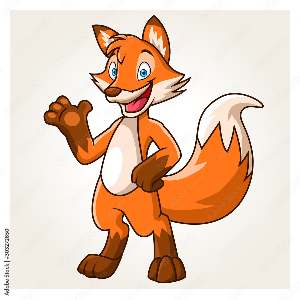 cute fox cartoon waving - obrazy, fototapety, plakaty 