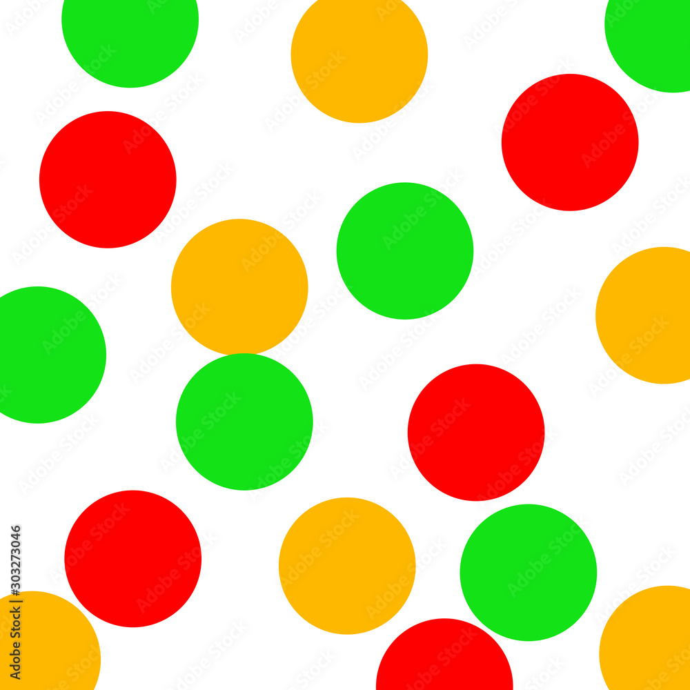 Dots of different colors on a white background. Colorful polka dot background. Template background in white. Red, green and orange polka dots.