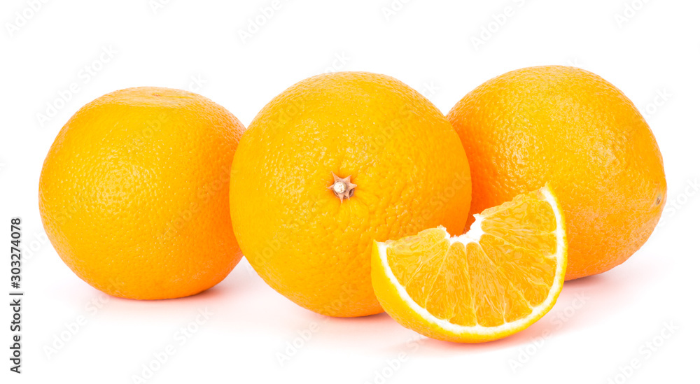 Orange fruit sliced juicy isolated on white background, closeup