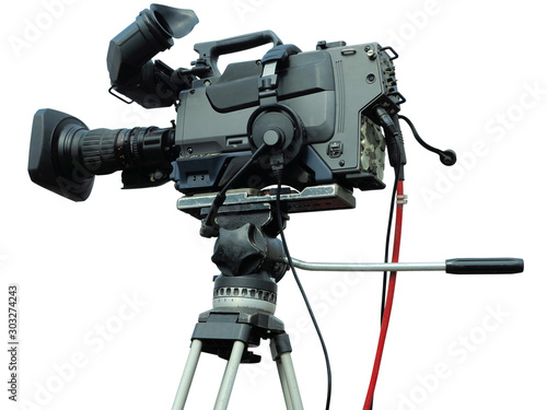 TV Professional studio digital video camera on tripod isolated over white