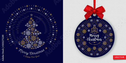 Merry Christmas Card and Happy New Year 2020. Round banner with red ribbon and bow on a transparent background. Vector Xmas card
