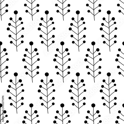 Floral Seamless pattern texture with berries branches in black and white.