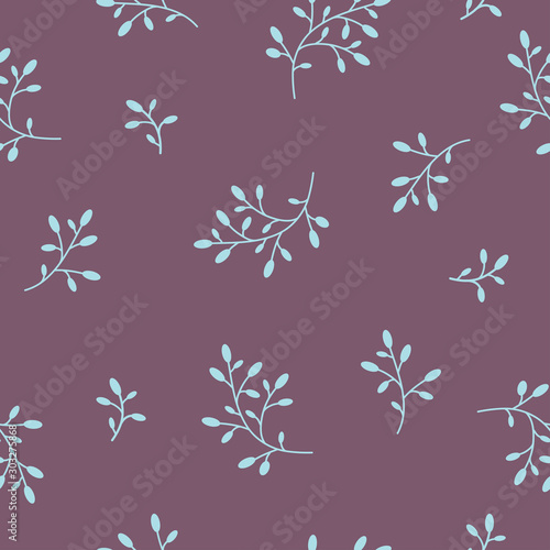 Floral Seamless pattern texture with blue berries sprigs on violet background. Vector illustration