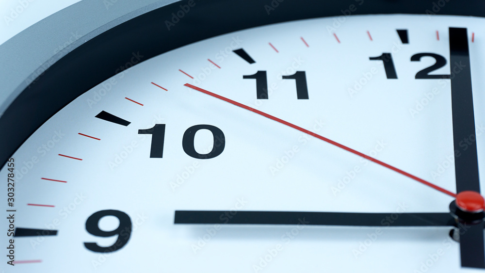 Close up White clock face beginning of time 09.01 on White background, Time concept.. Close up White clock face beginning of time 09.01 on White background, Time concept..