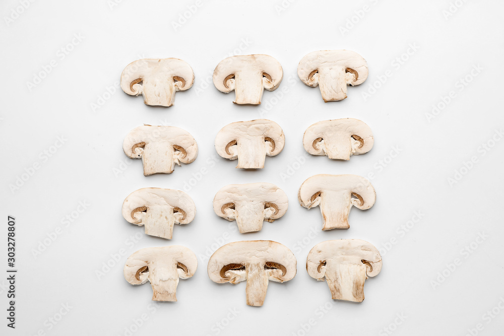 Pieces of fresh mushrooms on white background Pieces of fresh mushrooms on white background