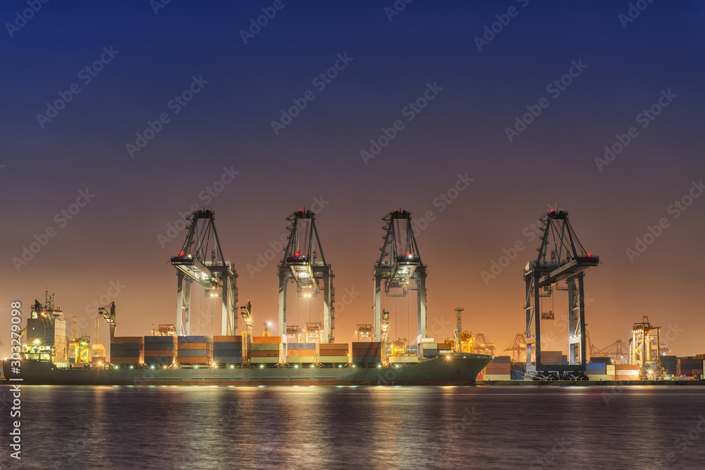 Fototapeta premium Transportation and Shipping Logistics Loading Dock Terminal., Container Import and Export of Sea Freight Transport Industrial., Landscape of Port Maritime and Harbor Cargo Shipyard With Crane Bridge.