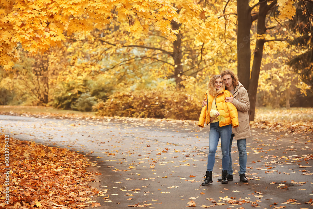 Fototapeta premium Young couple in park on autumn day