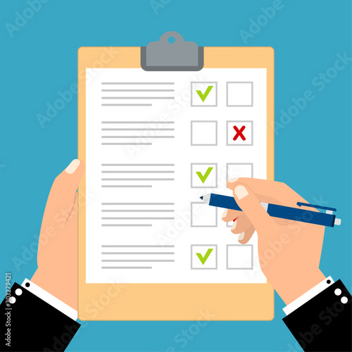 Hand filling checklist. Exam form or Survey paper sheets pile with answered quiz checklist and success result assessment, idea of education test, questionnaire, document vector illustration flat style