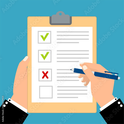 Hand filling checklist. Exam form or Survey paper sheets pile with answered quiz checklist and success result assessment, idea of education test, questionnaire, document vector illustration flat style