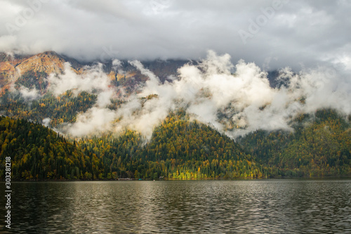 Mountain lake in the clouds
