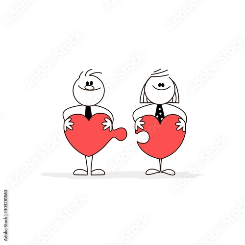 Boy and girl connecting heart puzzle.