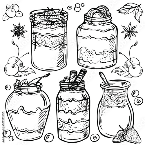 Sketch ink hand drawn doodle illustration of a yogurt with strawberry, chocolate, cherry.Graphic yogurt pot isolated on white background. Fruit Parfait Doodle