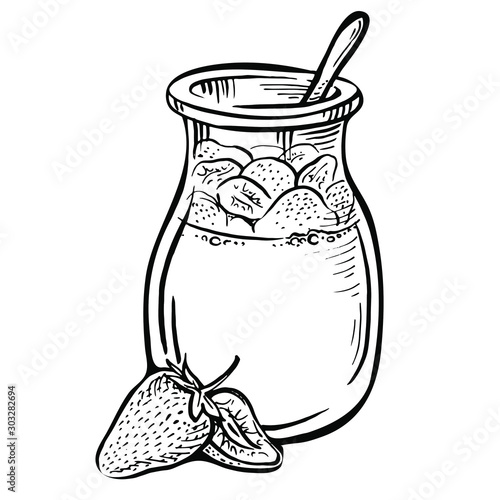 hand drawn vector doodle illustration of a yogurt with strawberry. yogurt pot isolated on white background.Fruit Parfait Doodle