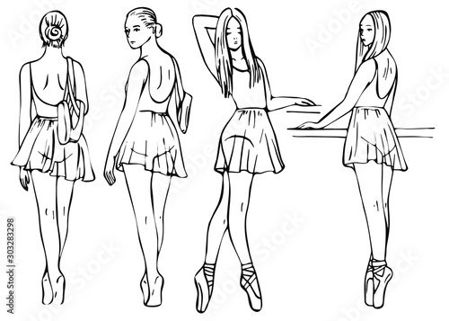 Sketch of girl's ballerinas standing in a pose set. Beautiful black and white hand drawing ballerina on a white background