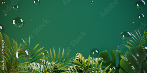 Green presentation field with tropical plants and soap bubble