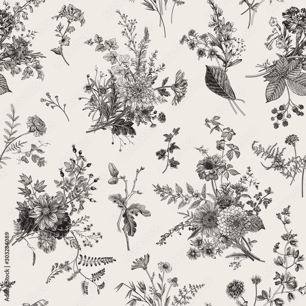 Seamless pattern. Autumn floral pattern. Classic illustration. Black and white