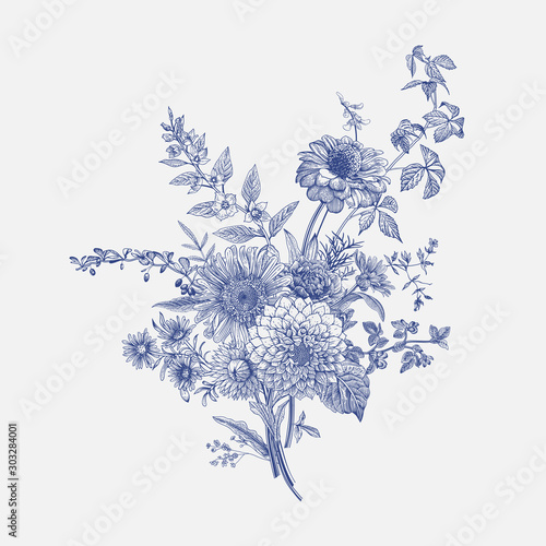 Autumn flowers. Classic flower arrangement. Vector botanical floral illustration. Blue and white
