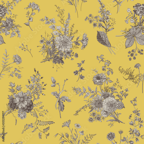 Vintage floral illustration. Seamless pattern. Autumn floral pattern. Yellow and Gray