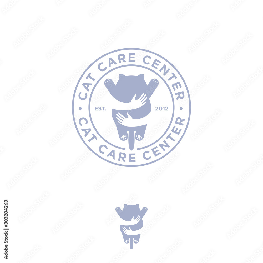 Cat Care Center logo. Human hands hug cute fat cat. Logo for veterinary clinic & pet care center. Fun flat illustration.