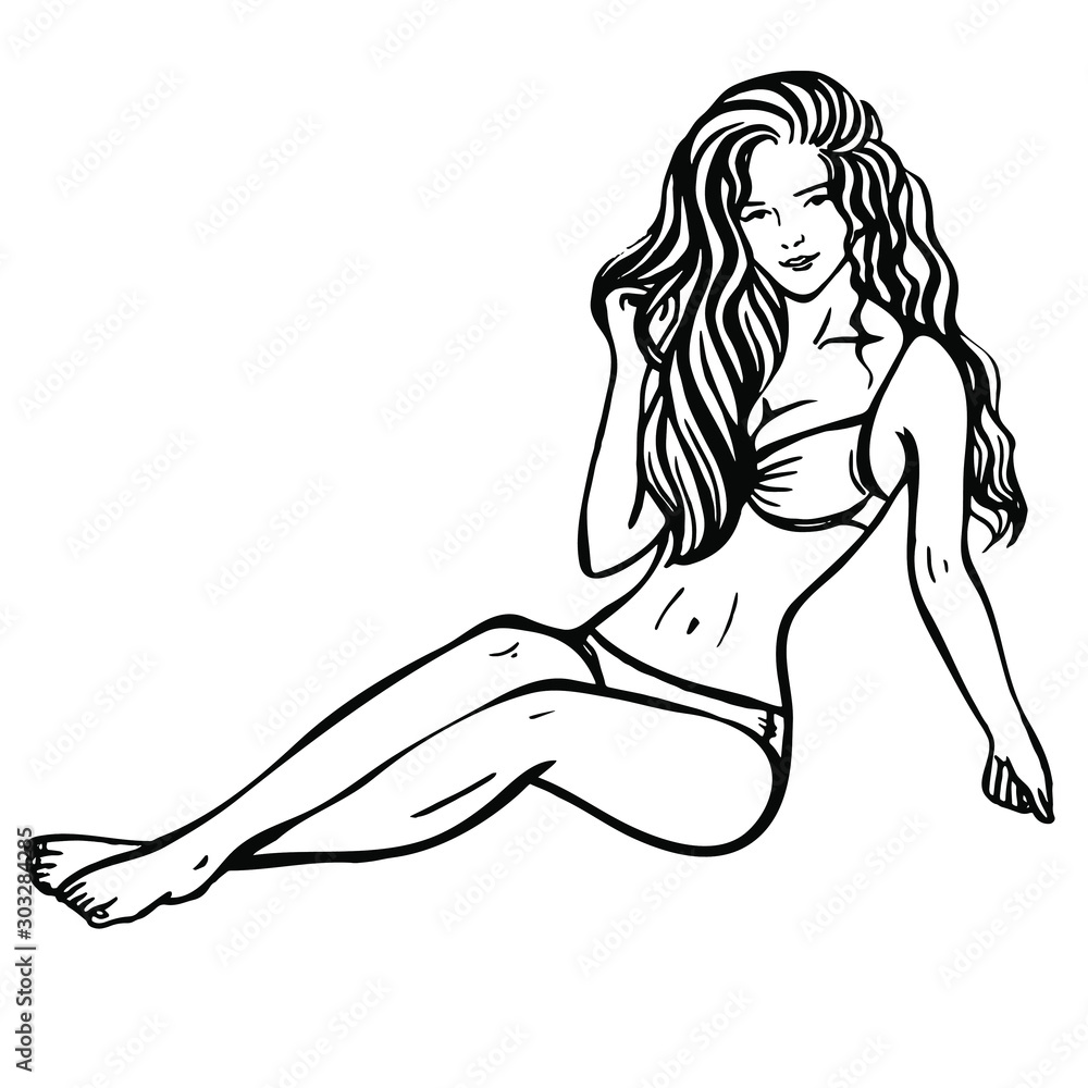 Ink Sketch of sexy woman (girl) in swimsuit (underwear) sitting. Hand drawn  illustration vector de Stock | Adobe Stock