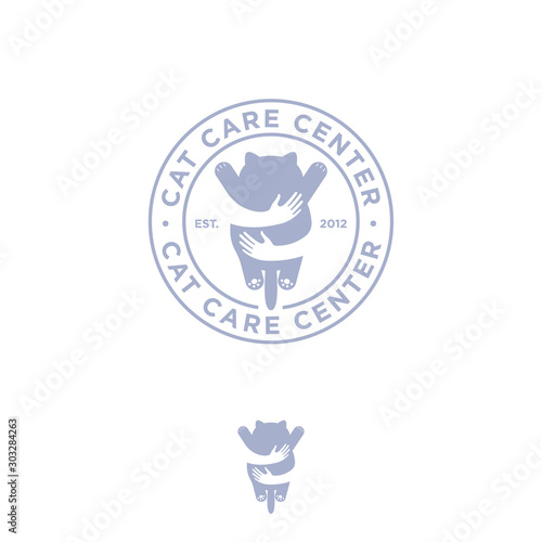 Cat Care Center logo. Human hands hug cute fat cat. Logo for veterinary clinic & pet care center. Fun flat illustration.