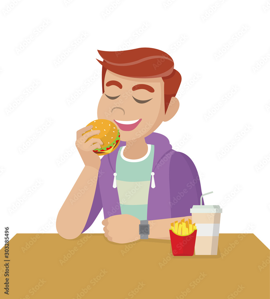 Cartoon character Poses, The concept of unhealthy diet and wrong lifestyle.  Man is eating fast food. Stock Vector | Adobe Stock