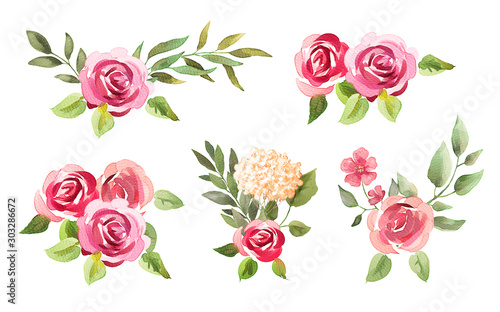 Photo Watercolor roses. Flowers, leaves. Bouquets set isolated