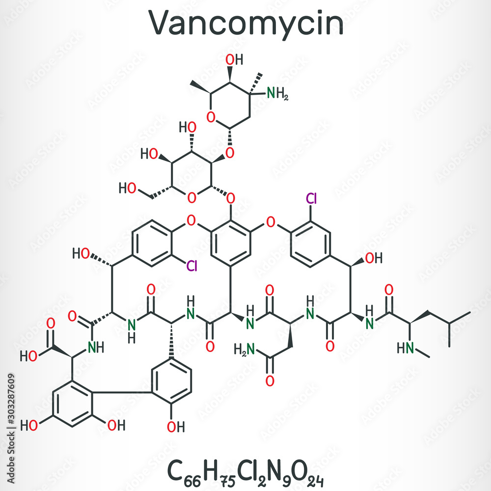 Vancomycin molecule. It is an antibiotic used to treat bacterial infections. Structural chemical formula Vancomycin molecule. It is an antibiotic used to treat bacterial infections. Structural chemical formula