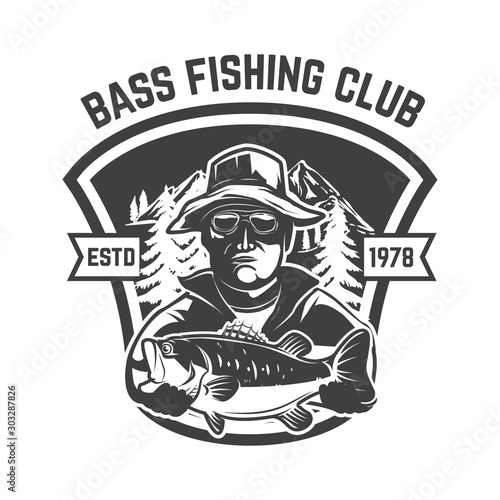 Bass fishing club. Emblem template with fisherman and perch. Design element for logo, label, sign, poster. Vector illustration