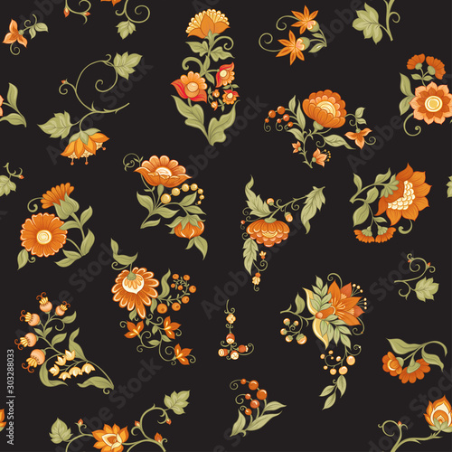 Tradition mughal motif  fantasy flowers in retro  vintage style. Seamless pattern  background. Vector illustration in beige and orange colors.