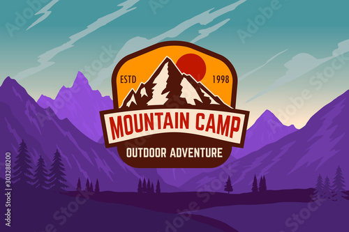 Poster template with wild mountains landscape. Vector illustration