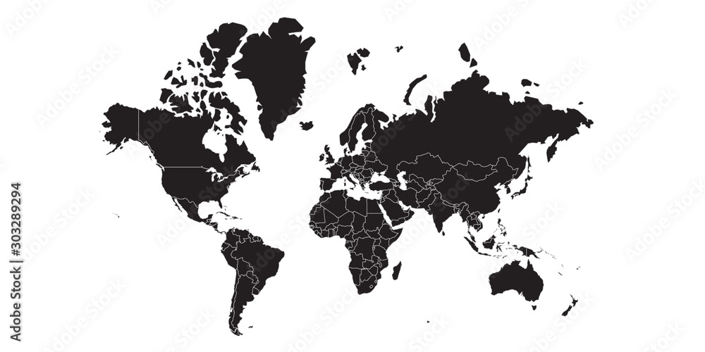 World map black , white background isolated . Vector illustration ...