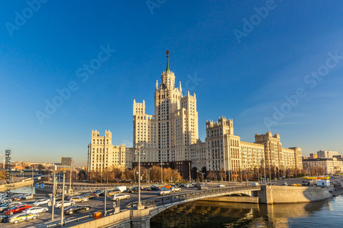 Skyscraper on Kotelnicheskaya Embankment at sunset. Cityscape and Landscape of downtown Moscow