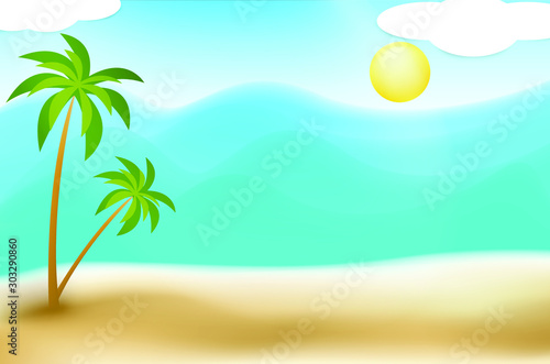 Summer time vector banner design with white circle for text and colorful beach elements in white background. Vector illustration. © Anucha