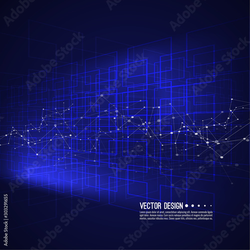 Virtual abstract background with particle, molecule structure and glowing grid. Science and connection concept.