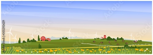 Panoramic Vector illustration of rural countryside with farmhouse,horse ranch and wind turbine in spring. Beautiful flat design of farm or agricultural with poppy and wild flower.Organic farm concept 