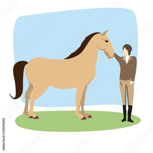 Equestrian  derby sport flat hand drawn color vector illustration. Stallion. Equestrianism. Racehorse hand drawn clipart. Horse racing competition.Professional jockeys  riders. Hippodrome  isolated
