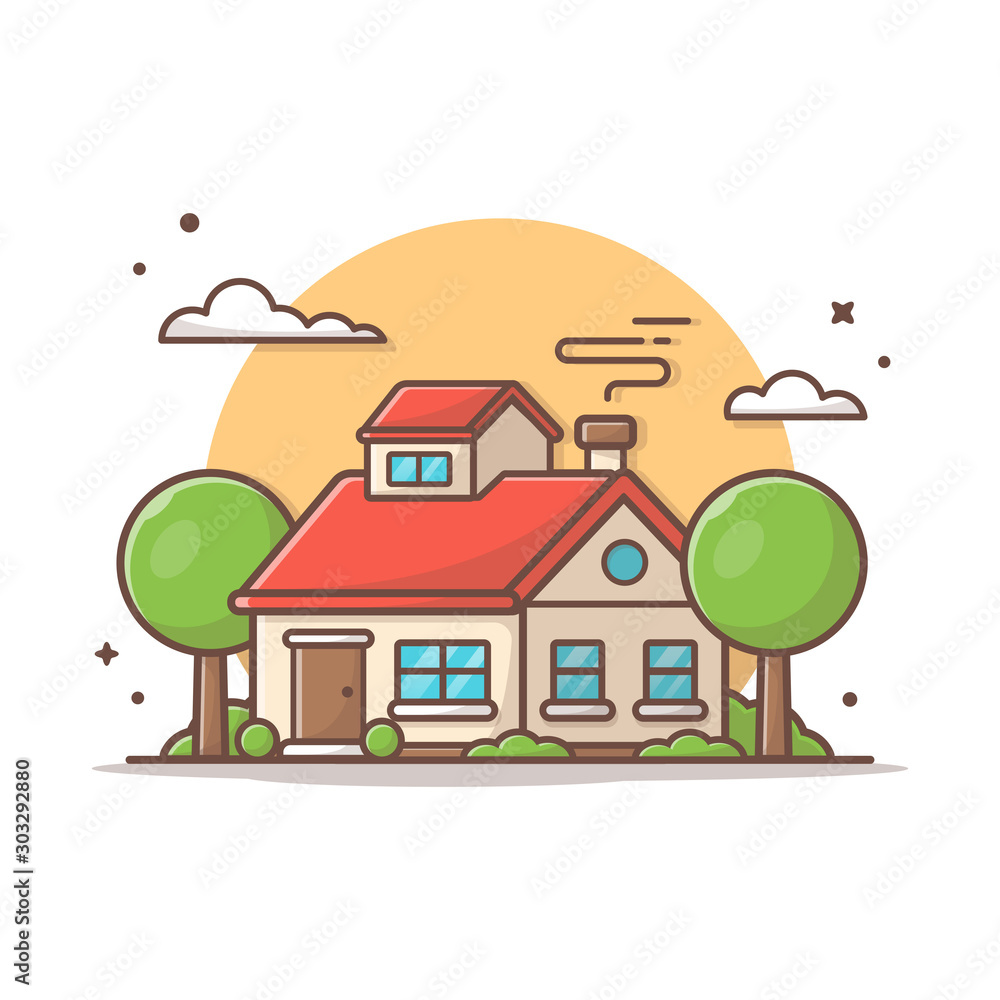 Beautiful House with Clouds and Trees. Vector Illustration. Home Building  Architecture Icon. Sunset Home. Flat Cartoon Style Suitable for Web Landing  Page, Banner, Flyer, Sticker, Card, Background Stock Vector | Adobe Stock