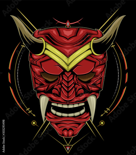 red devil face illustration. vector head of red demon. japanese demon mask