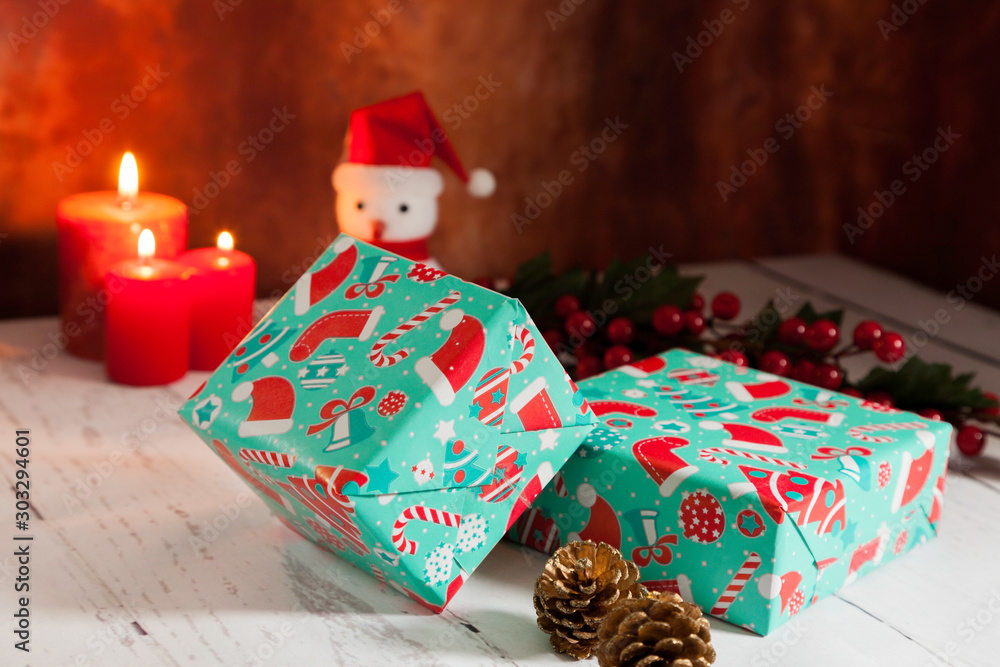Christmas presents on white wooden
