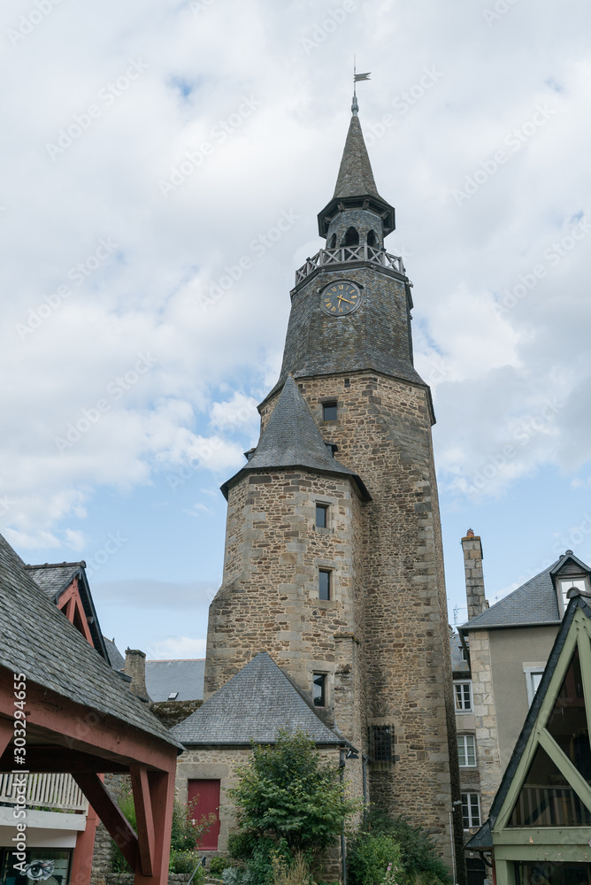 historic clock tower in the old town center of Dinan in Brittany