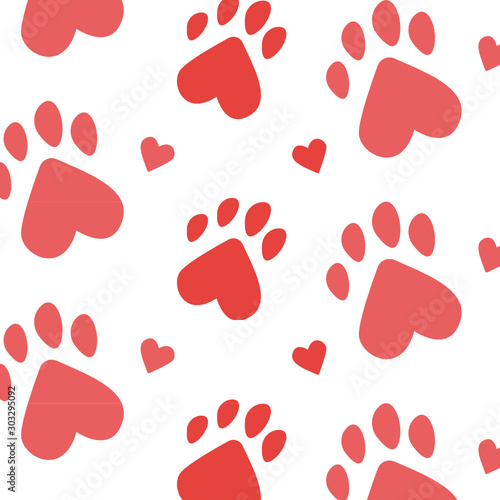 Paws pattern. I love animals, my pet, my dog and cat. Desigh for pets fabric and textile. Simple composition. Print for textiles and posters of veterinary clinics. Silhouette of cute paws.  Vector Eps