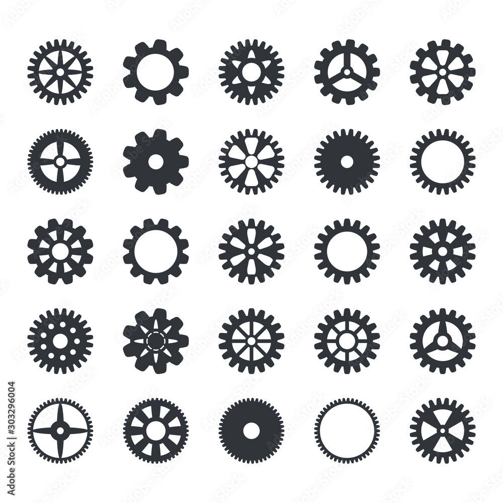 Gear icons set. Vector transmission cog wheels and gears isolated on white background Gear icons set. Vector transmission cog wheels and gears isolated on white background